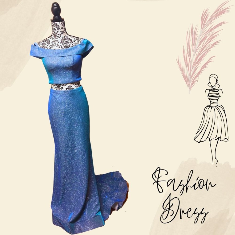 Blue Shimmer Off the Shoulder Crop Top  Long Skirt - Size 4